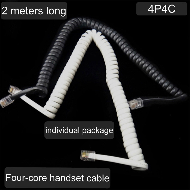 Telephone Handset Cord 2M Modular Coiled White Black Curly Cord RJ11 4P4C